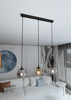 Hanglamp 3-lichts gepoedercoat staal en glas Cosmo, zwart met transparante, grafiet en amber kappen, 70 cm