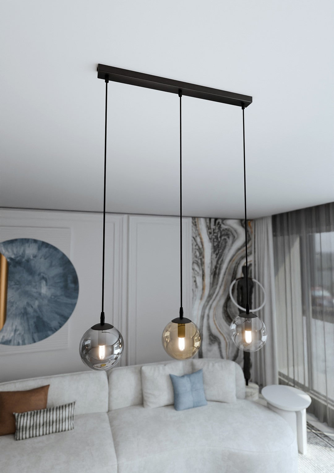 Hanglamp 3-lichts gepoedercoat staal en glas Cosmo, zwart met transparante, grafiet en amber kappen, 70 cm