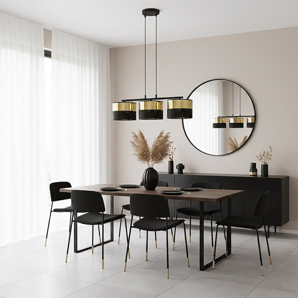 Hanglamp gepoedercoat staal en stof, modern Lux zwart met goud, kap Ø 20 cm, 3 lichts, voor eettafel en keukeneiland