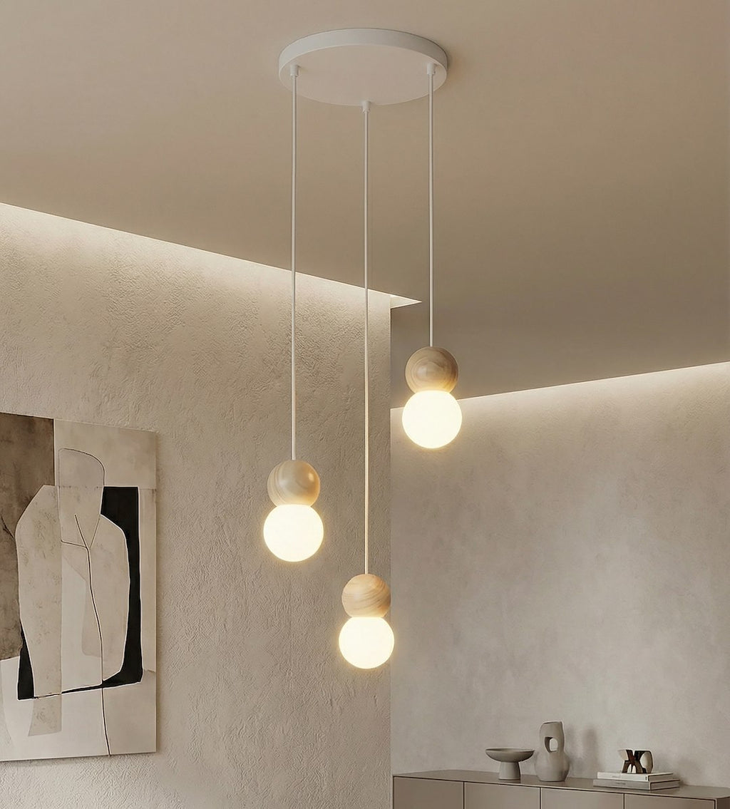 Hanglamp gepoedercoat staal hout, Scandinavisch Loop, wit, Ø 23 cm, 3 lichtpunten, eettafel en keukeneiland