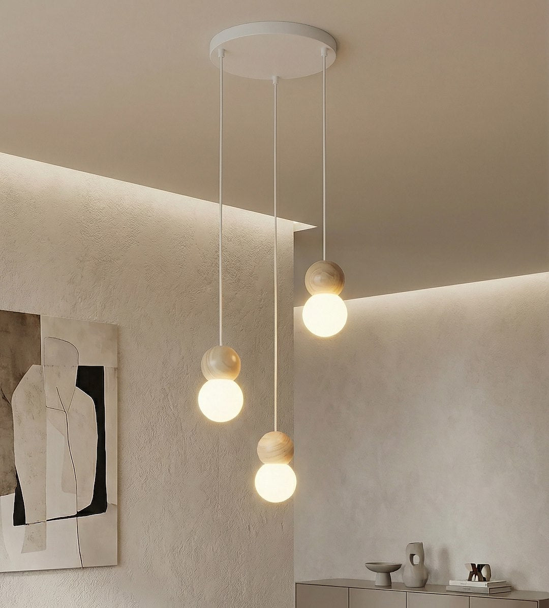 Hanglamp gepoedercoat staal hout, Scandinavisch Loop, wit, Ø 23 cm, 3 lichtpunten, eettafel en keukeneiland