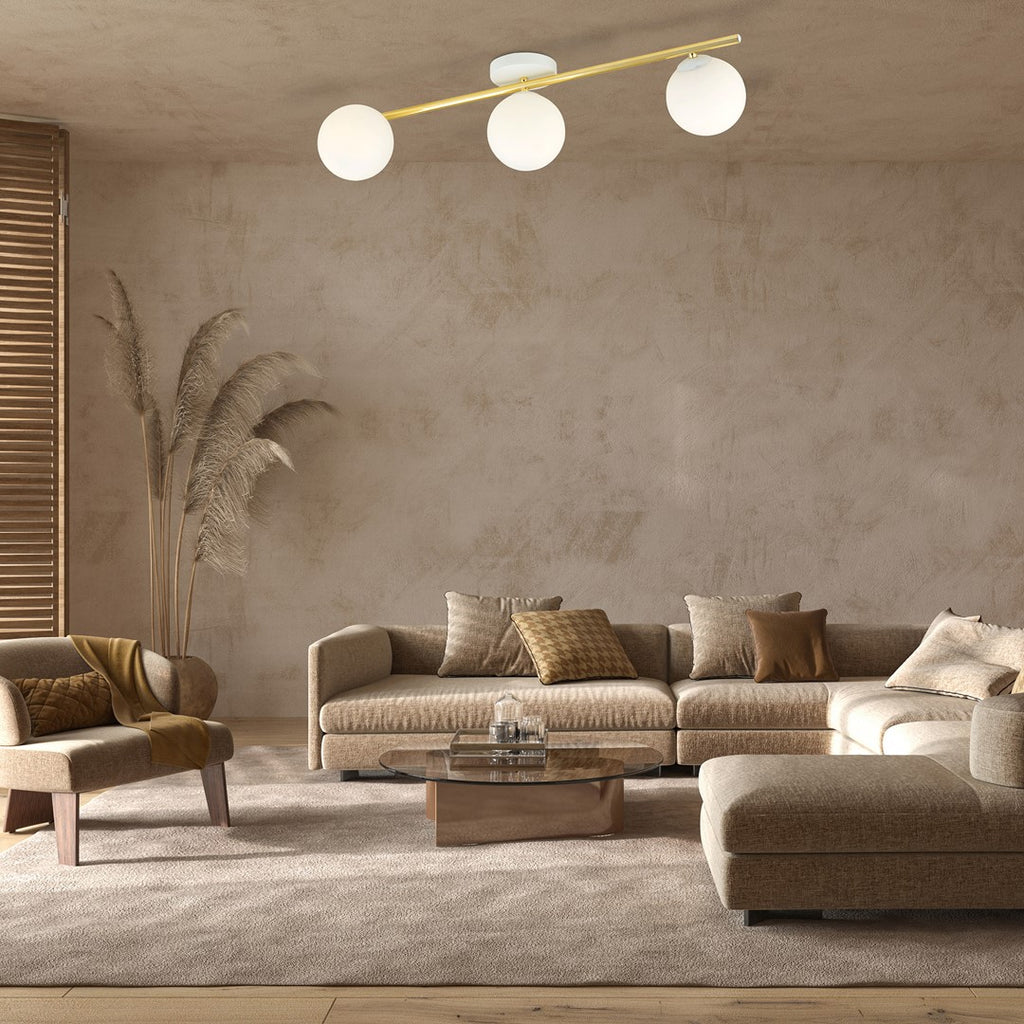 Plafondlamp gepoedercoat staal en glas Splendi, goud en wit, 3 lichtpunten, breedte 80 cm, voor woon-, slaap- of eetkamer