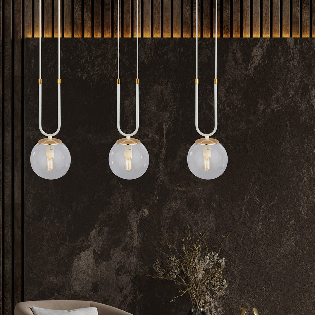 Hanglamp 3 lichtpunten gepoedercoat staal en glas, retro Glam wit met transparante kappen, 70 x 115 cm