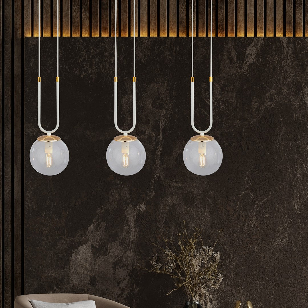 Hanglamp 3 lichtpunten gepoedercoat staal en glas, retro Glam wit met transparante kappen, 70 x 115 cm