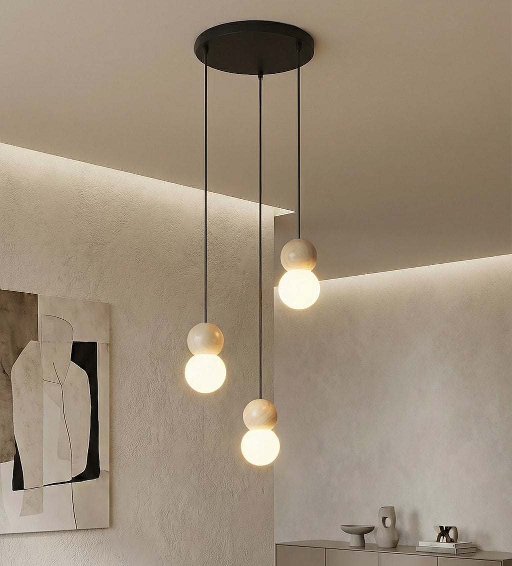 Hanglamp gepoedercoat staal en hout Loop, zwart met witte kap, 3 lichtpunten G9, Scandinavisch