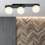 Plafondlamp Plaza gepoedercoat staal en glas, modern, zwart met witte glazen kappen, 3 lichts, 70 cm breed