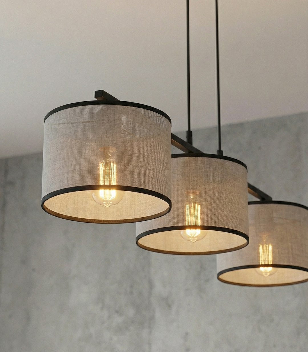 Hanglamp gepoedercoat staal en stof Eco, grijs met zwart, 3 lichts, kap Ø 20 cm, eettafel en kookeiland