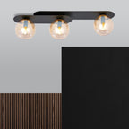 Plafondlamp gepoedercoat staal en glas Plaza, zwart met amberkleurige kappen, 3 lichtpunten, 70 x 18 cm