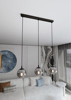 Hanglamp 3-lichts gepoedercoat staal en glas, Cosmo, zwart met grafiet glas, 70 x 100 cm, eettafel en woonkamer