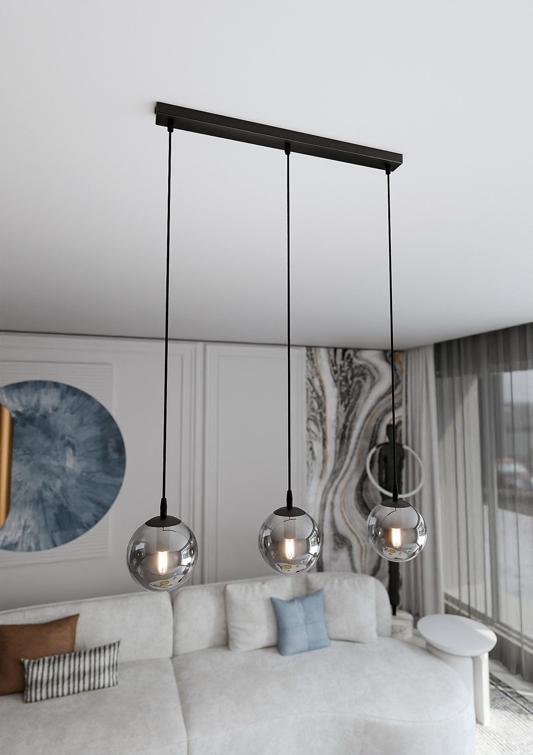 Hanglamp 3-lichts gepoedercoat staal en glas, Cosmo, zwart met grafiet glas, 70 x 100 cm, eettafel en woonkamer
