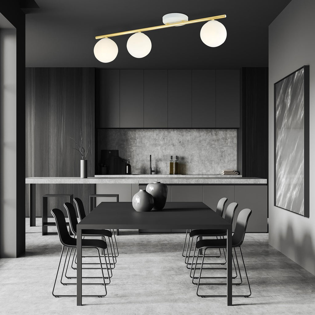 Plafondlamp Monza gepoedercoat staal en glas, wit en goud, 3 lichtpunten, E14 – 80 x 20 cm