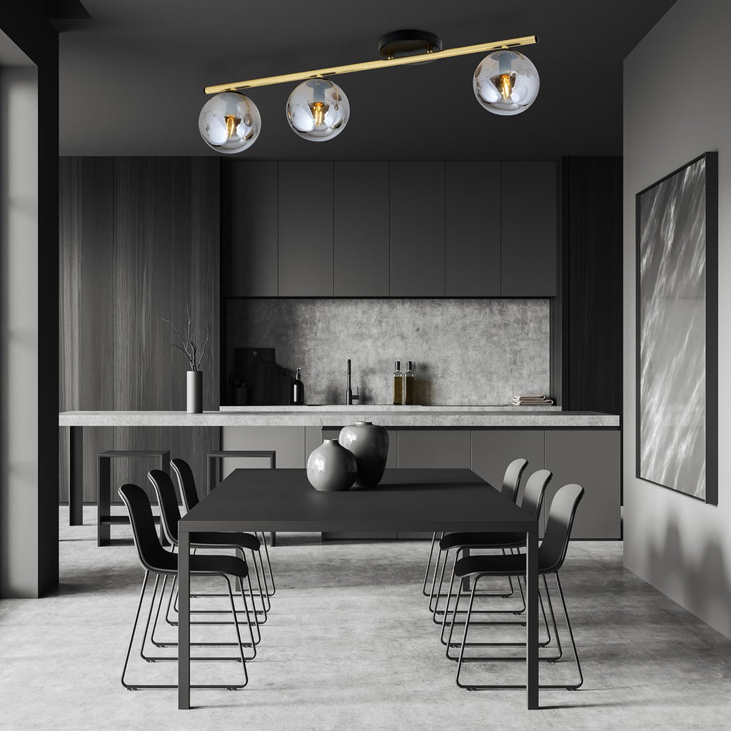 Plafondlamp staal en glas modern Monza zwart goud grafiet 80 x 20 cm, 3 fittingen E14