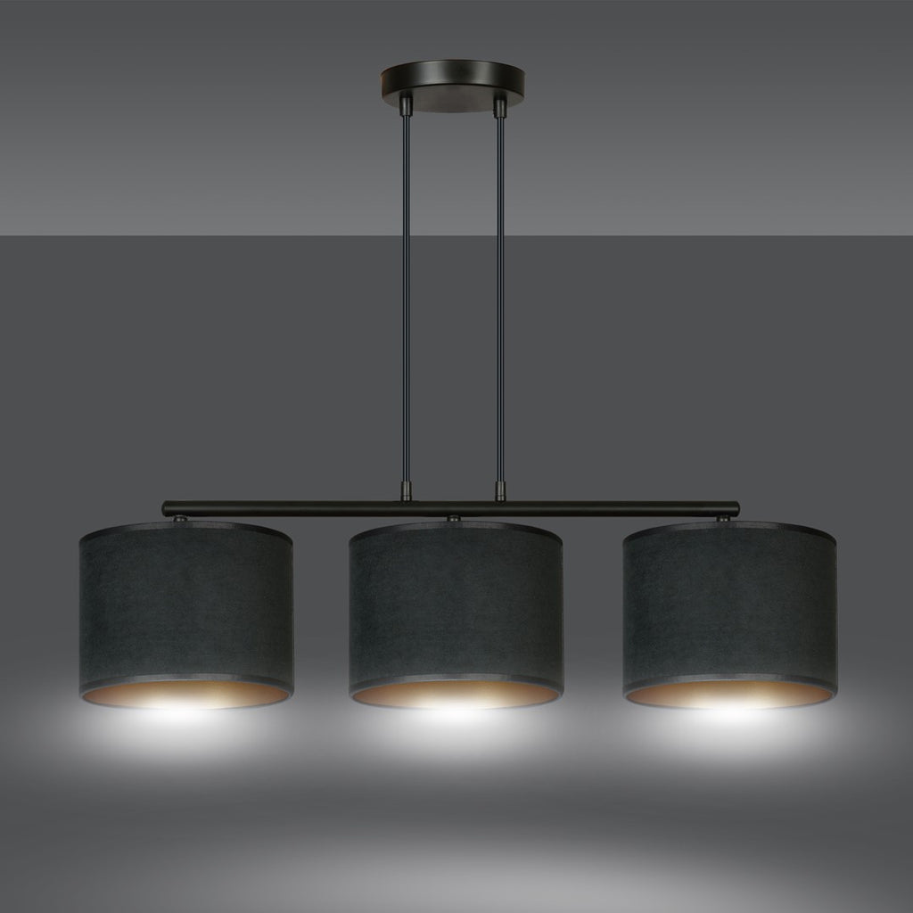 Hanglamp gepoedercoat staal en stof Hilde, zwart met gouden binnenkant, 3 kappen Ø 20 cm, minimalistisch, eetkamer