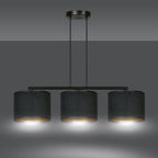 Hanglamp gepoedercoat staal en stof Hilde, zwart met gouden binnenkant, 3 kappen Ø 20 cm, minimalistisch, eetkamer