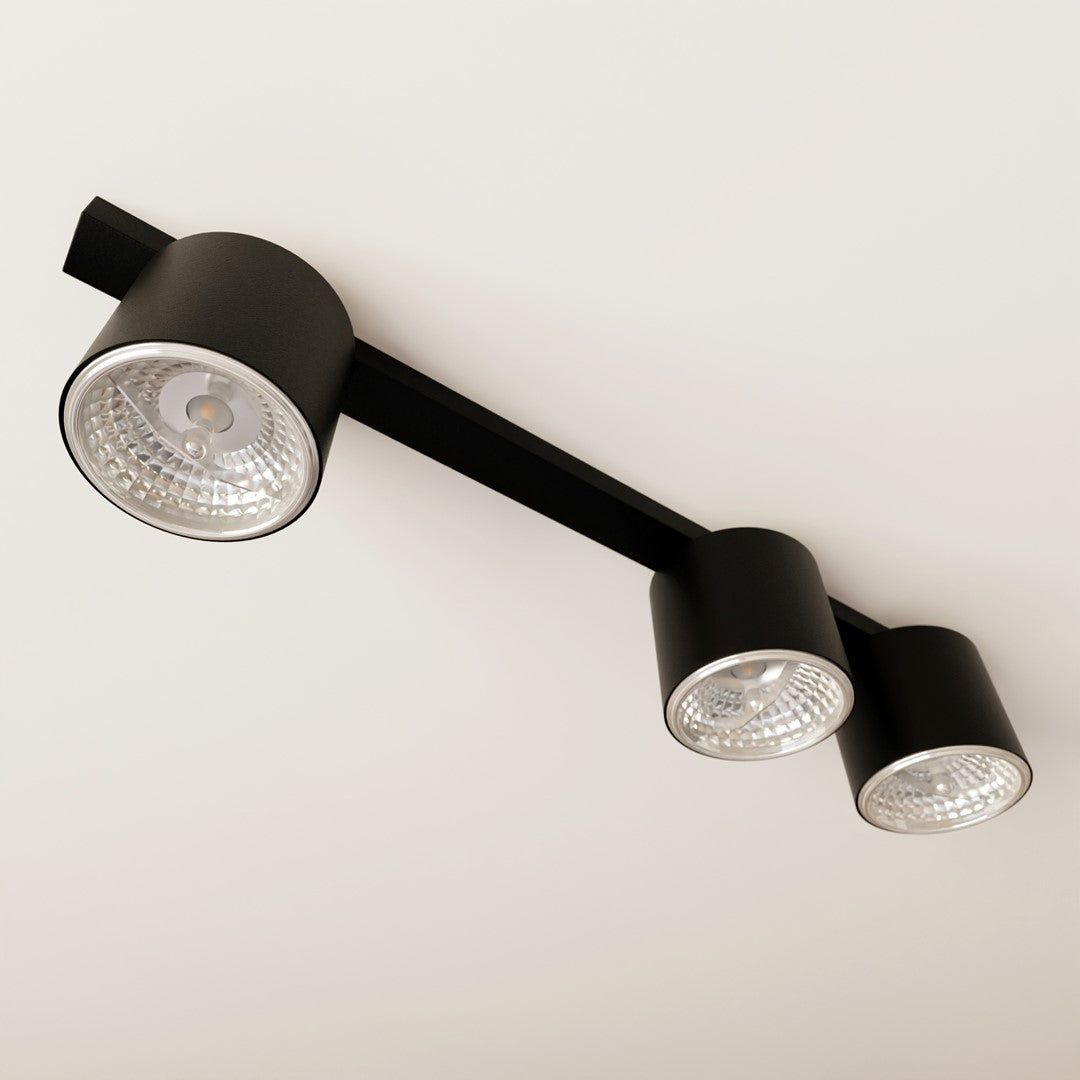 Plafondlamp staal minimalistisch Nano mat zwart, 3 spots, 70 cm breed, voor woonkamer, eetkamer en kantoor