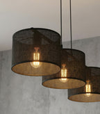 Hanglamp staal minimalistisch Eco, zwart met 3 stoffen kappen Ø 20 cm, 70 cm breed, voor eettafel en kookeiland
