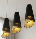 Hanglamp 3-lichts gepoedercoat staal met stoffen kap, Moda, zwart met goud, 95 cm, eettafel en woonkamer
