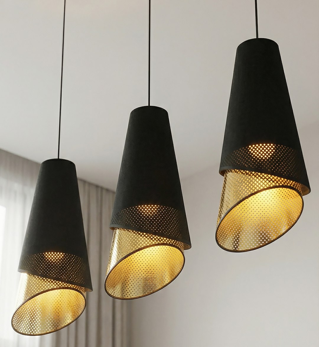 Hanglamp 3-lichts gepoedercoat staal met stoffen kap, Moda, zwart met goud, 95 cm, eettafel en woonkamer