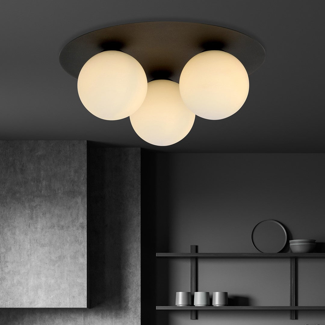 Plafondlamp gepoedercoat staal en glas minimalistisch Solar, zwart met witte glazen kappen, 3 fittingen E14, Ø 30 cm