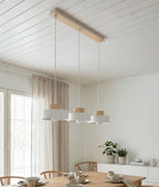 Hanglamp gepoedercoat staal en hout, Scandinavisch Kivi, wit, 73 x 20 cm, 3 fittingen, woonkamer of eetruimte
