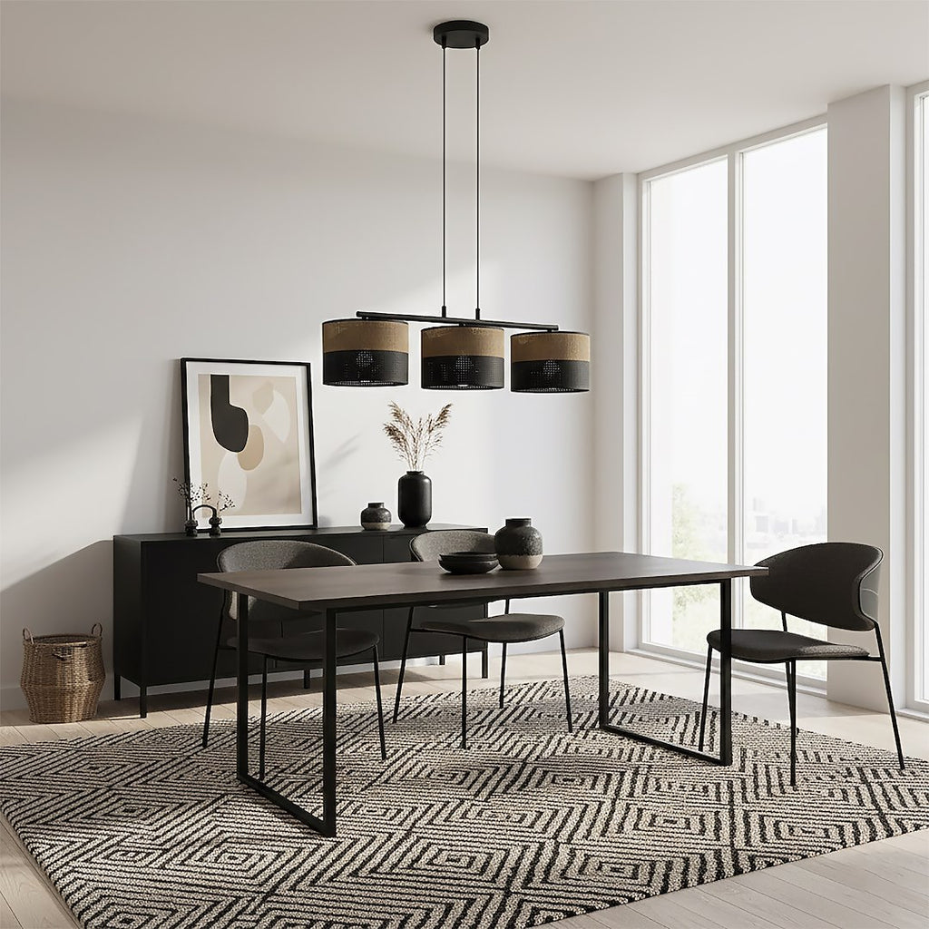 Hanglamp gepoedercoat staal Karbon minimalistisch zwart en bruin, 3 lichtpunten, stoffen kappen Ø 20 cm, eettafel