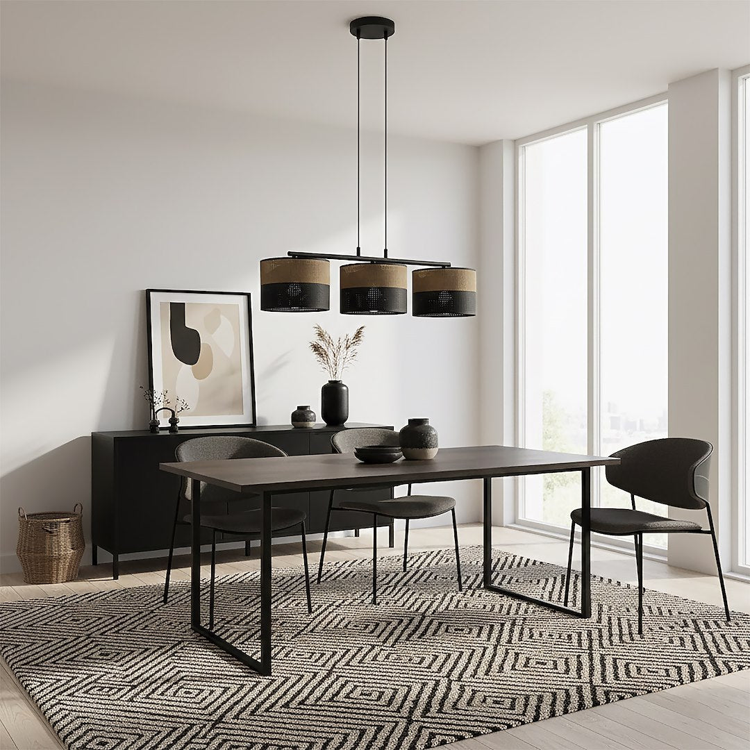 Hanglamp gepoedercoat staal Karbon minimalistisch zwart en bruin, 3 lichtpunten, stoffen kappen Ø 20 cm, eettafel