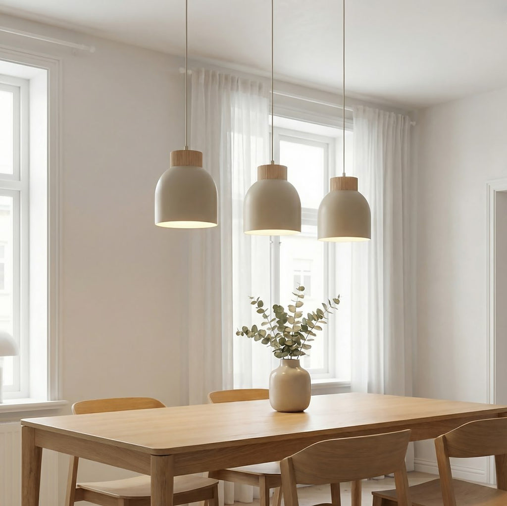 Hanglamp 3 lichts gepoedercoat staal en multiplex Vigo, beige, 84 cm, voor kookeiland of eettafel