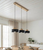 Hanglamp 3-lichts gepoedercoat staal met hout, Scandinavisch Kivi zwart 73 cm, verstelbare hoogte