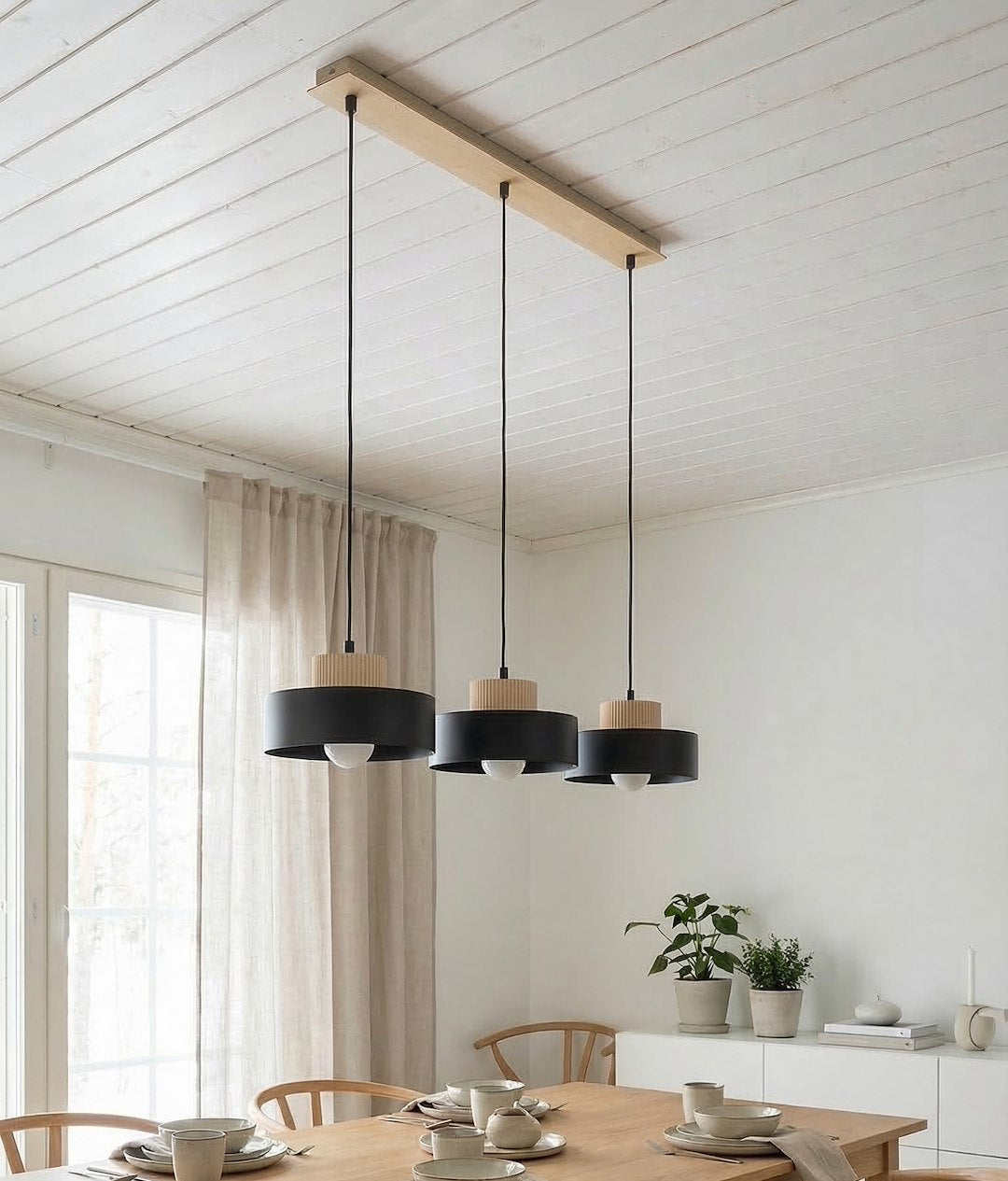 Hanglamp 3-lichts gepoedercoat staal met hout, Scandinavisch Kivi zwart 73 cm, verstelbare hoogte