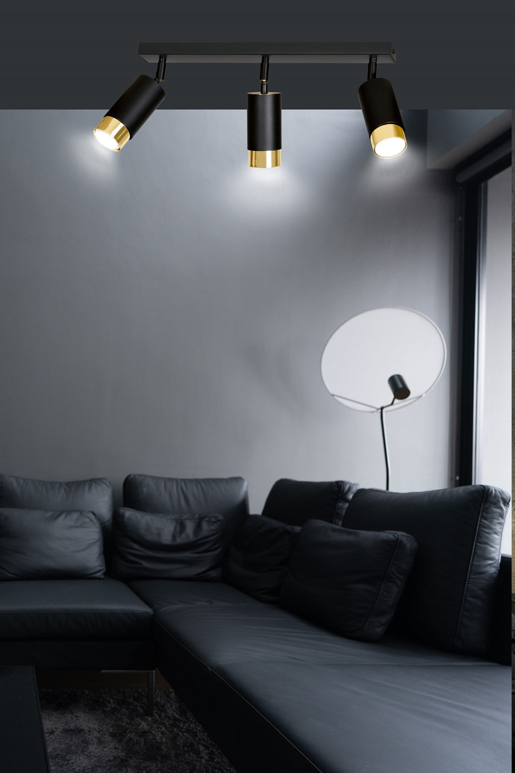 Plafondlamp gepoedercoat staal Hiro modern zwart goud 45 cm breed, 3 richtbare spots voor hal en keuken