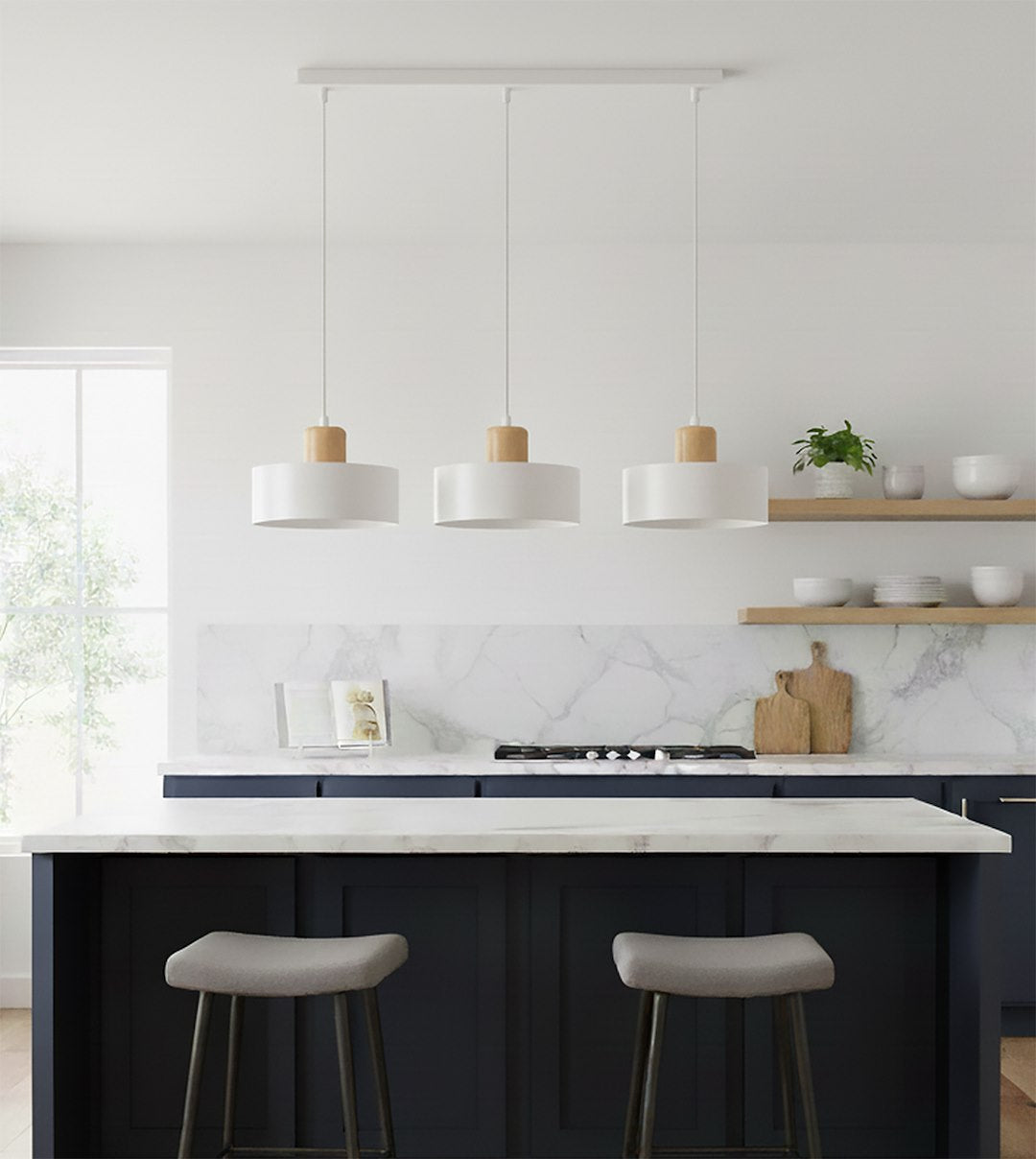 Hanglamp 3-lichts gepoedercoat staal en hout, Scandinavisch Torin, wit – 80 x 100 cm, voor woonkamer en eetkamer