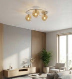Plafondlamp gepoedercoat staal en glas Sopra, beige met amber glazen kappen, 3 lichtpunten, woonkamer, slaapkamer en hal