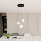 Hanglamp 3 lichts gepoedercoat staal en glas retro zwart met goud, witte glazen kappen Ø 14 cm