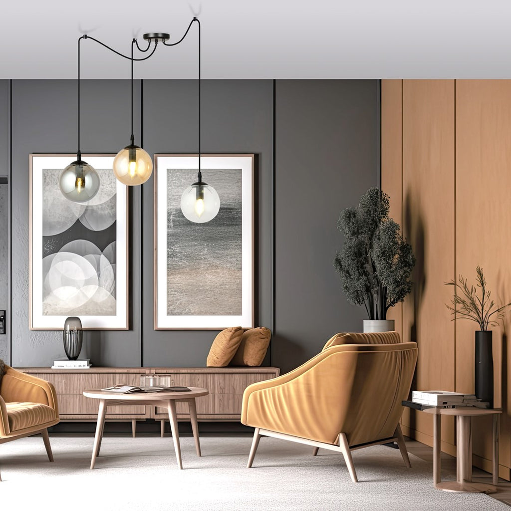 Hanglamp gepoedercoat staal en glas Gigi, 3 kappen transparant, grafiet en amber, zwart, Ø 14 cm, woonkamer en eetkamer