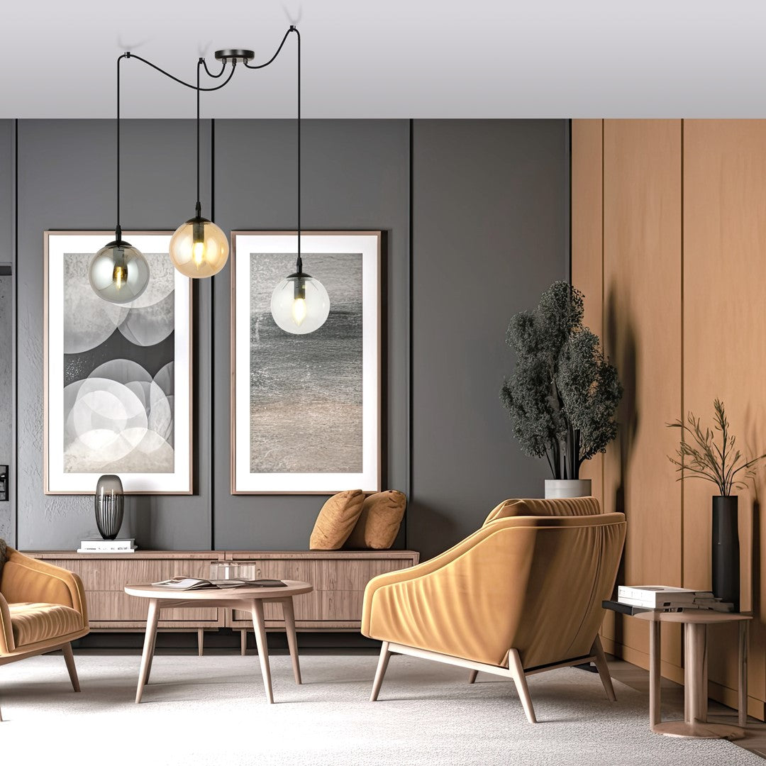 Hanglamp gepoedercoat staal en glas Gigi, 3 kappen transparant, grafiet en amber, zwart, Ø 14 cm, woonkamer en eetkamer