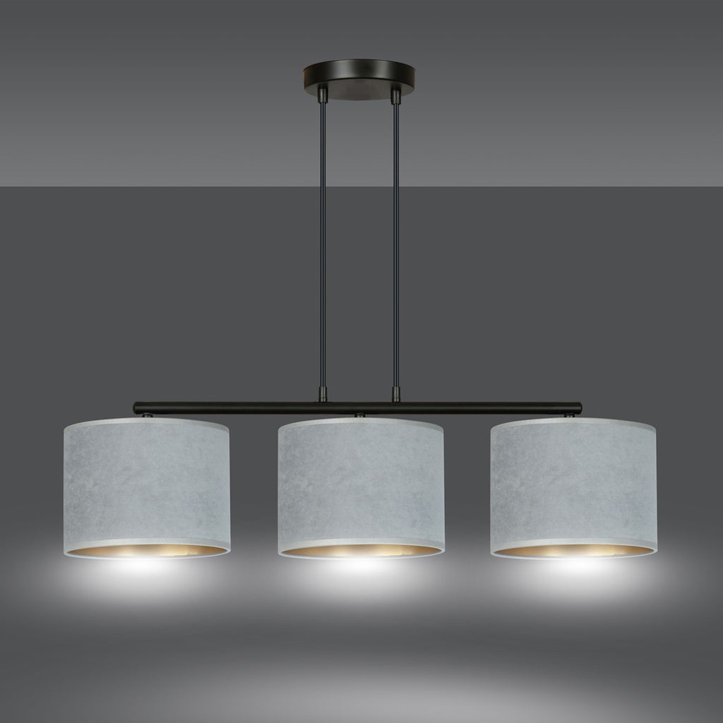 Hanglamp gepoedercoat staal en stof Hilde, minimalistisch, zwart met grijze kappen, 72 x 100 cm, 3 lichtpunten
