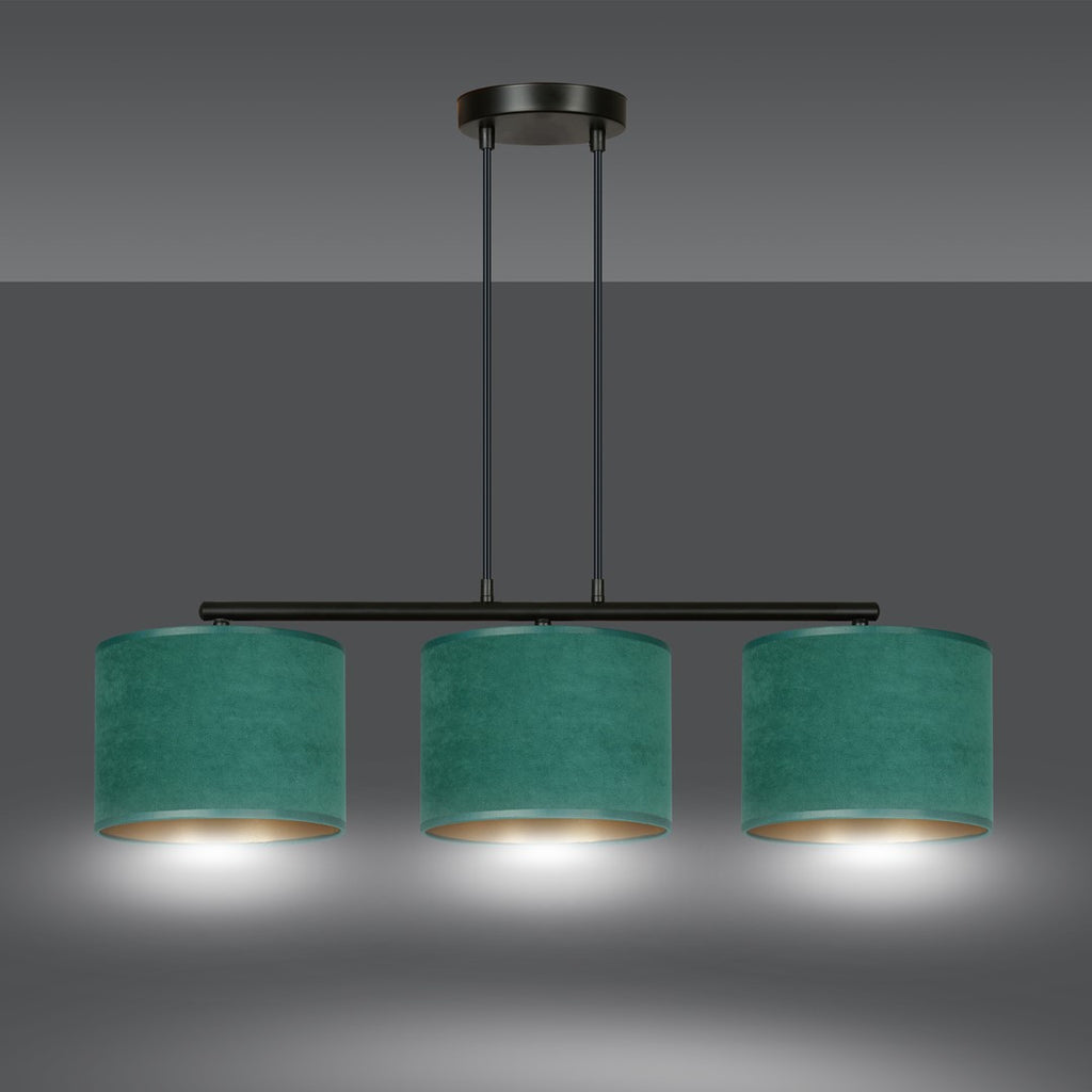 Hanglamp gepoedercoat staal en stof Hilde minimalistisch groen met 3 kappen, 72 x 100 cm, eettafel keuken hal