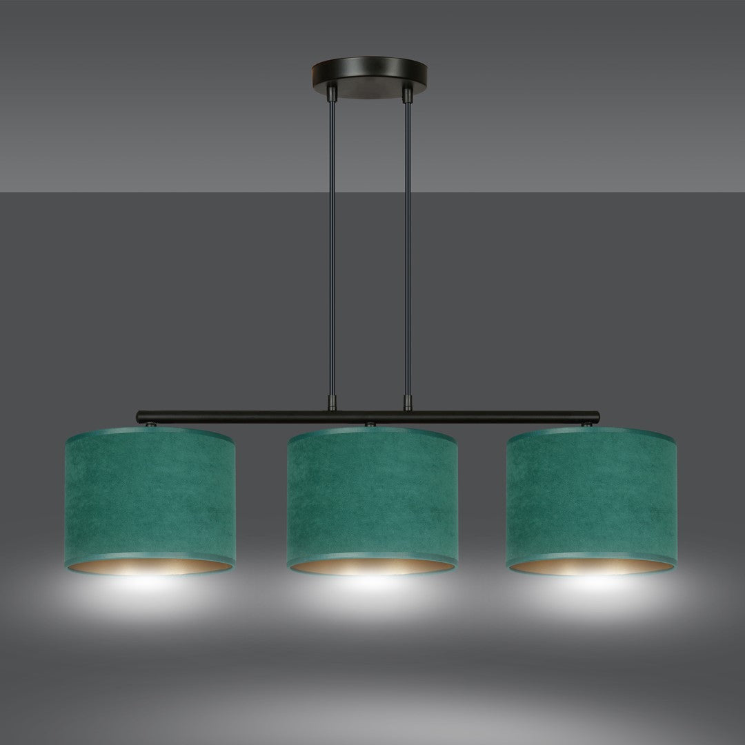 Hanglamp gepoedercoat staal en stof Hilde minimalistisch groen met 3 kappen, 72 x 100 cm, eettafel keuken hal
