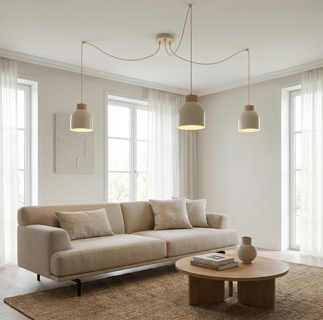 Hanglamp gepoedercoat staal en multiplex Scandinavisch Kru 3 beige, 3 fittingen E27, verstelbaar