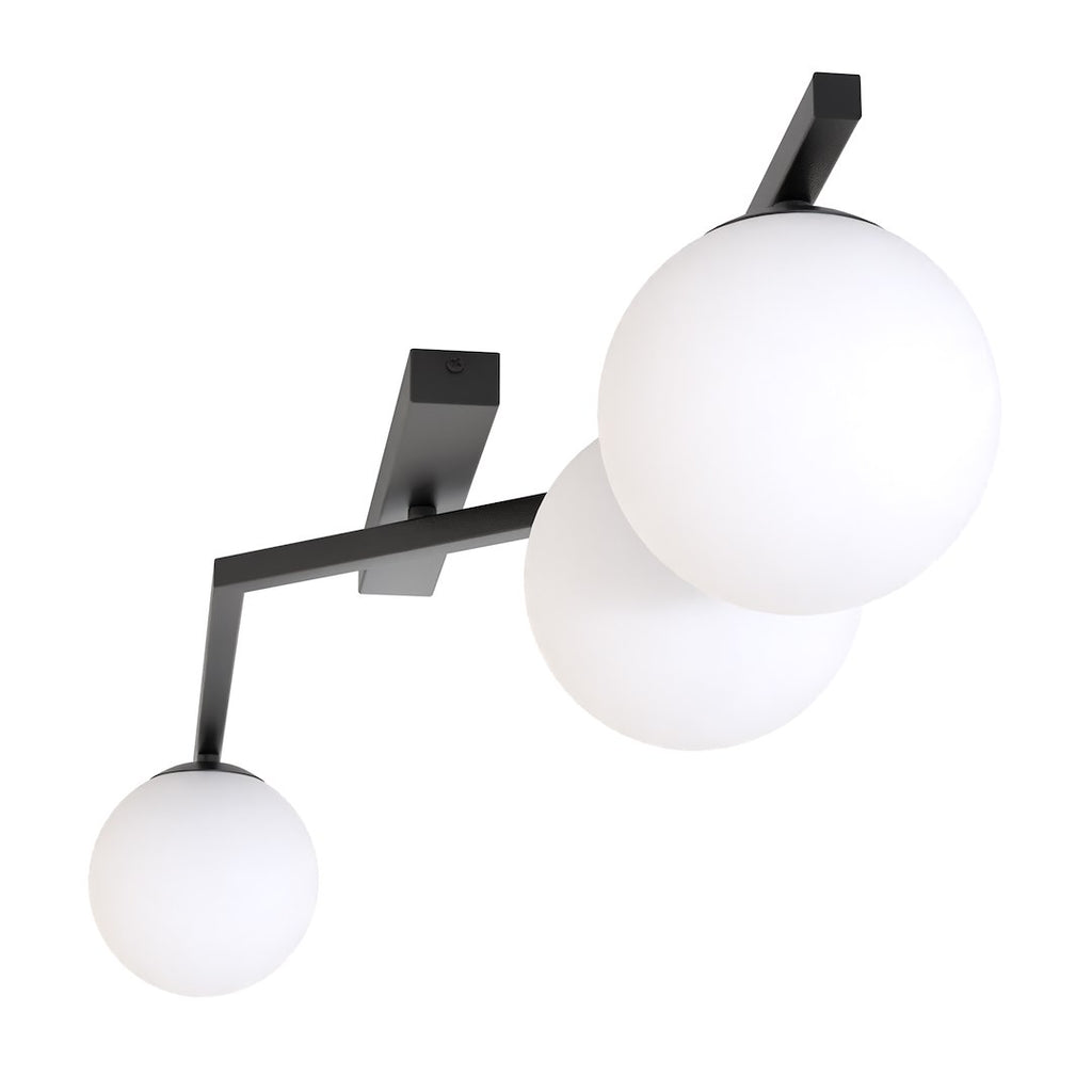 Plafondlamp gepoedercoat staal Naton modern zwart met 3 witte bolkappen, 100 x 32 x 20 cm, woonkamer, eetkamer en hal