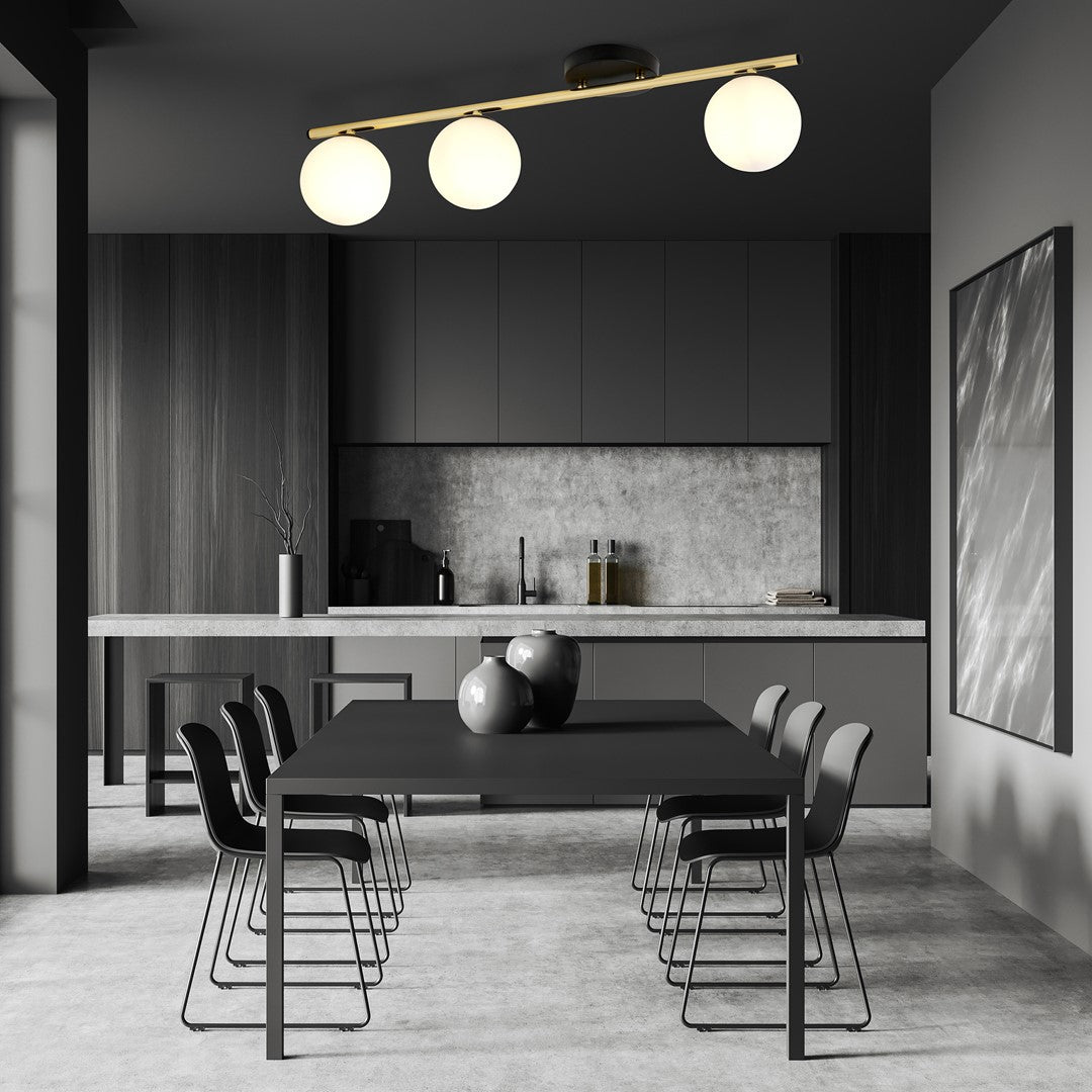 Plafondlamp gepoedercoat staal en glas Monza, zwart met goud en witte kap, 3 lichtpunten E14, 80 cm breed