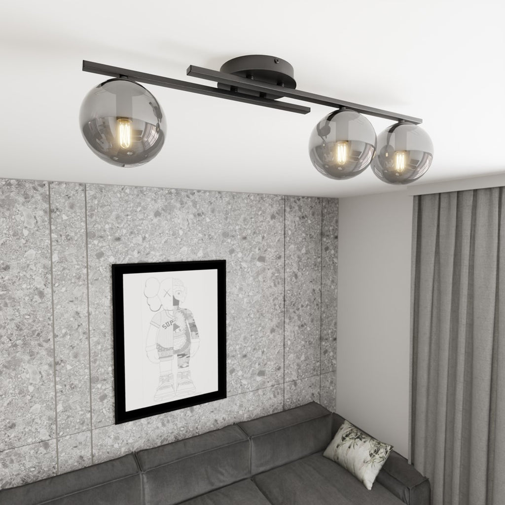 Plafondlamp gepoedercoat staal modern Kairo zwart, grafiet kappen, 74 x 20 x 19 cm, 3 x E14, woonkamer