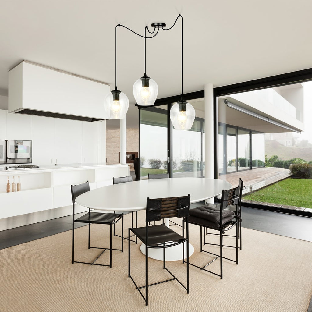 Hanglamp 3 lichts gepoedercoat staal en glas, modern, zwart met transparante kappen Ø 14 cm
