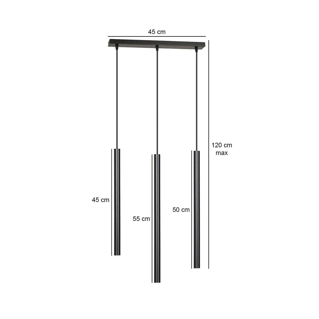 Hanglamp Selter 3 lichts gepoedercoat staal, minimalistisch, zwart, 45 x 120 cm, voor eetkamer of hal