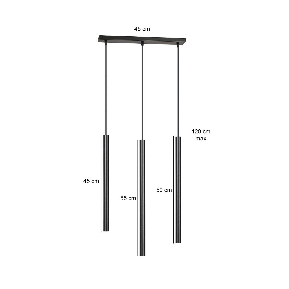 Hanglamp Selter 3 lichts gepoedercoat staal, minimalistisch, zwart, 45 x 120 cm, voor eetkamer of hal