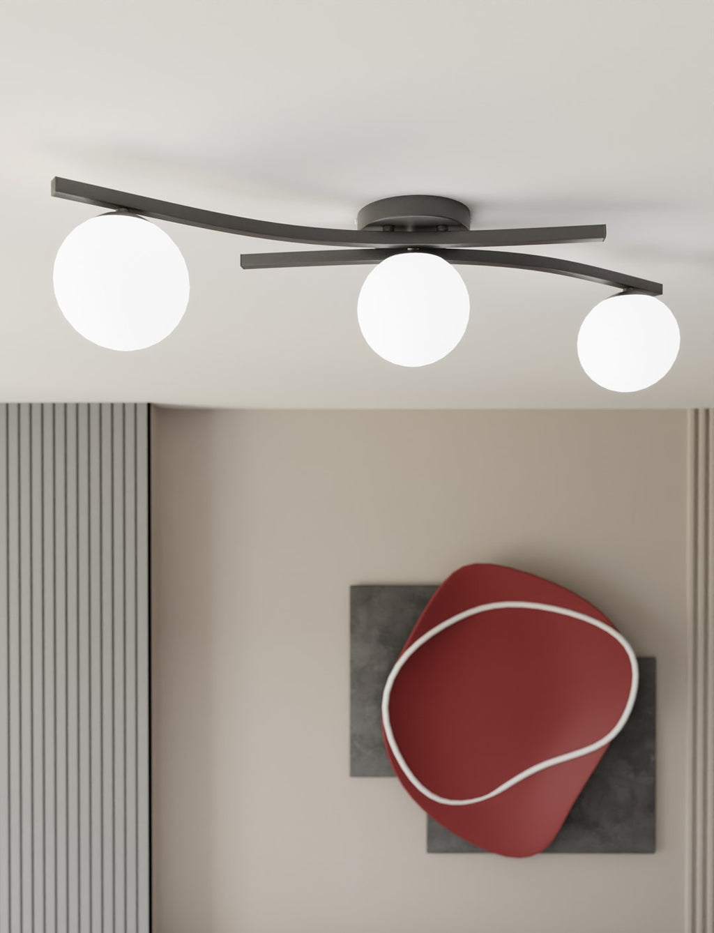 Plafondlamp Opus gepoedercoat staal en glas, modern, zwart met witte kappen, 3 lichtpunten, 60 cm