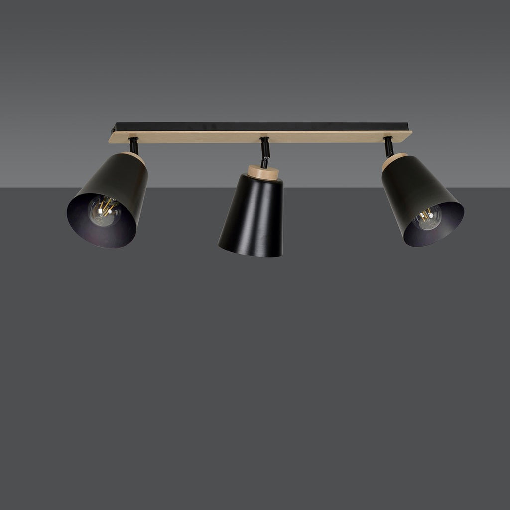 Plafondlamp 3 spots gepoedercoat staal en multiplex, Atlas Scandinavisch zwart, 3 x E27, woonkamer