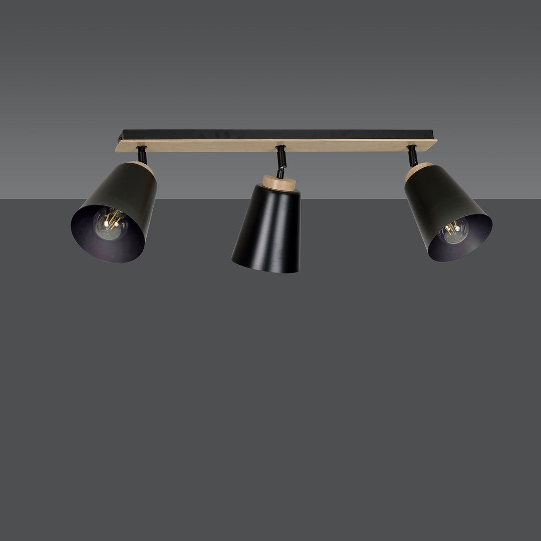 Plafondlamp 3 spots gepoedercoat staal en multiplex, Atlas Scandinavisch zwart, 3 x E27, woonkamer