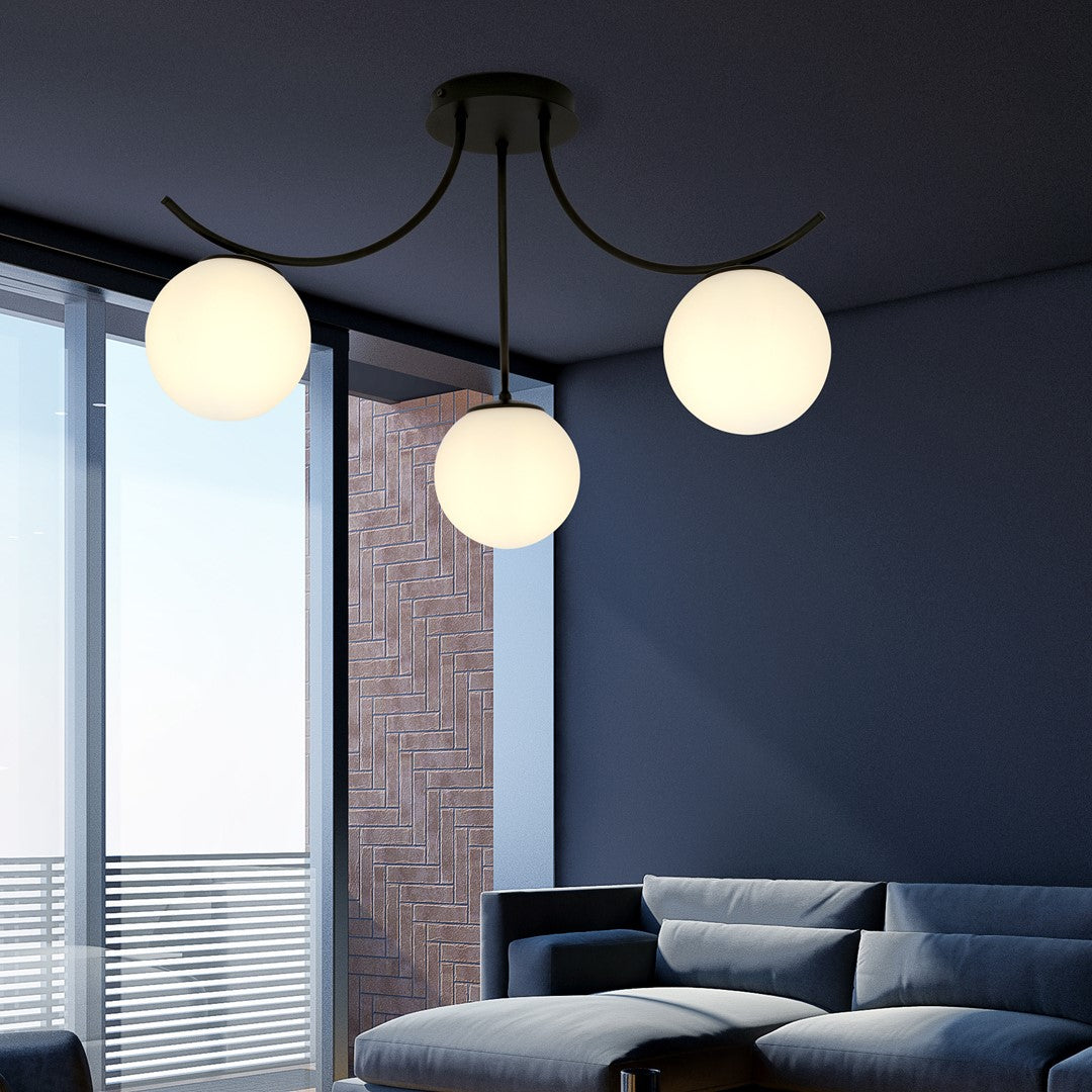 Plafondlamp gepoedercoat staal en glas Boston, zwart met wit glas, 3 lichtpunten E14, 70 cm breed