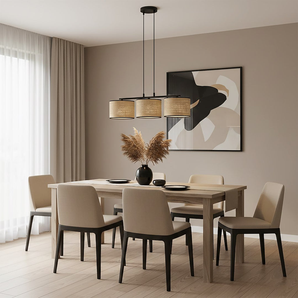 Hanglamp 3-lichts rotan gepoedercoat staal minimalistisch Eco zwart, kap Ø 20 cm – 70 cm breed, eettafel en kookeiland